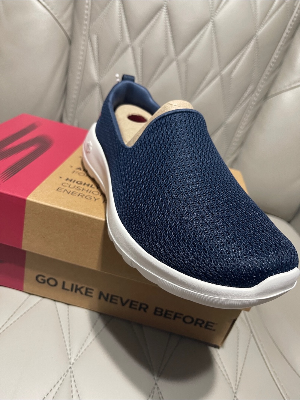 Skechers Navy Slip-On Memory Foam Walking Sneakers with White Sole - Picture 10 of 11